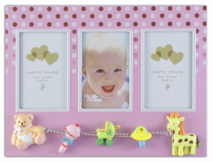 Rama foto multipla Baby Dots, 3 poze 6x8 cm, figurine, metal Roz - 1 | YEO