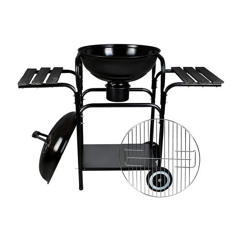 Gratar rotund BBQ pe carbuni, mobil, rafturi laterale, capac, 46.5 cm, Kaminer