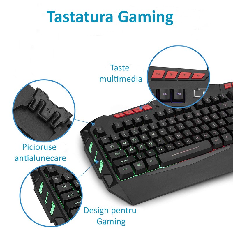 Kit tastatura si mouse gaming, iluminate LED, USB, taste multimedia, 2400 DPI, RESIGILAT - 2 | YEO