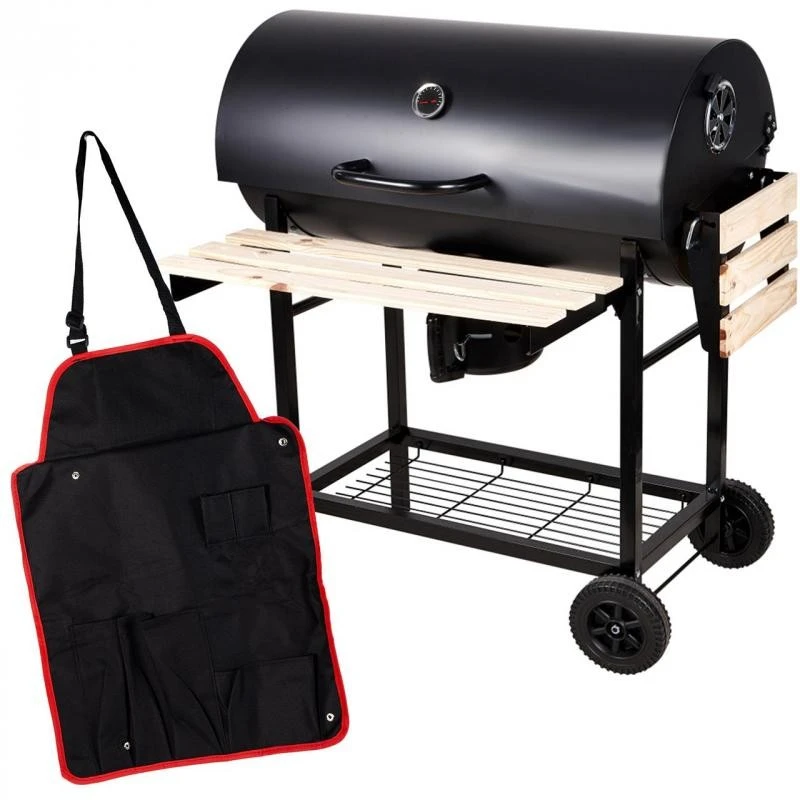 Gratar carbune BBQ, 2 rafturi lemn, colector cenusa, termometru incorporat, sort inclus