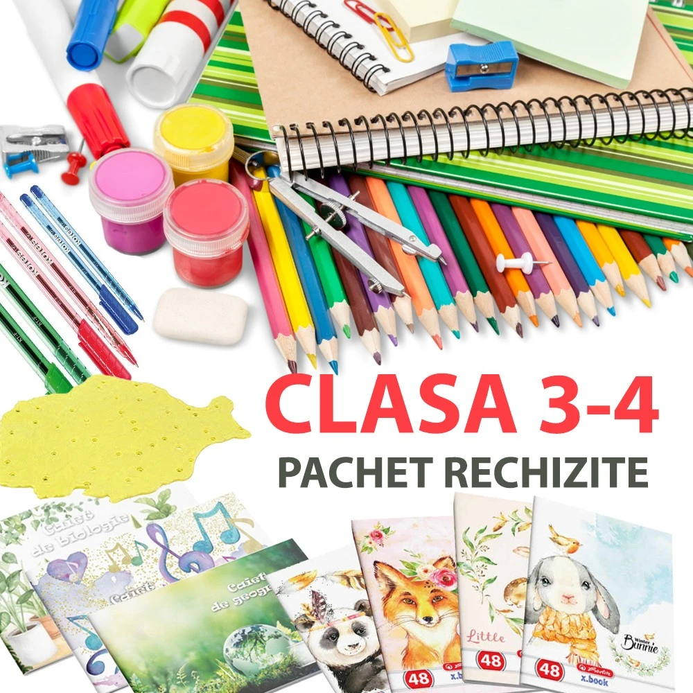 Pachet rechizite scolare, set complet elevi, 29 piese, pentru clasa 3-4