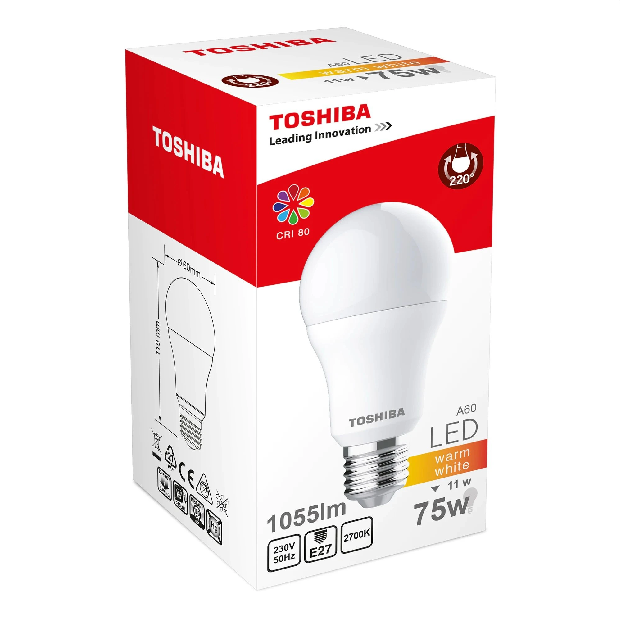 Bec LED A60, E27, putere 11W, lumina alb cald, Toshiba