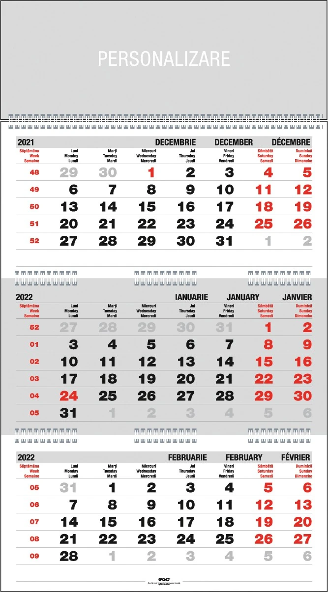 Calendar de perete triptic, personalizabil, 12 file, hartie offset 90 g/mp, gri, 33 x 48 cm