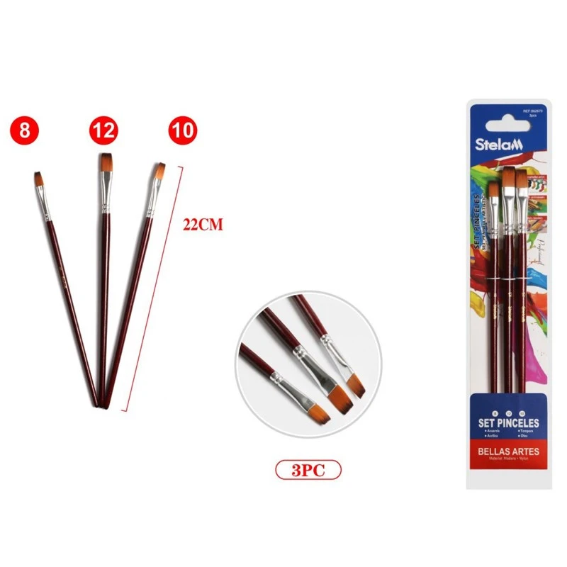 Set 3 pensule pentru pictura cu varf drept, 22 cm, nr. 8, 10, 12 - 1 | YEO