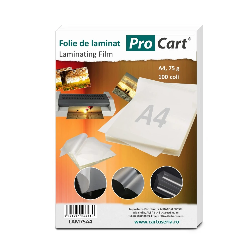 Folie de laminat A4, 210x297 mm, 75 microni, set 100 bucati