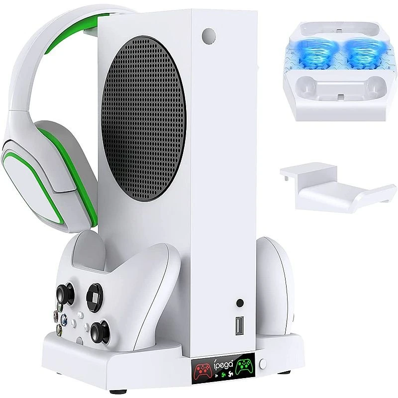 Suport incarcare doua controlere Xbox si casti, model multifunctional 4 in 1, 2 ventilatoare racire, indicator LED, cablu USB