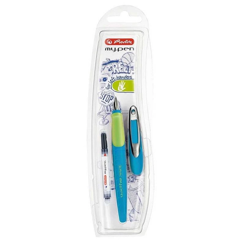 Stilou My Pen, penita L, zona ergonomica, clips metalic, albastru-verde neon