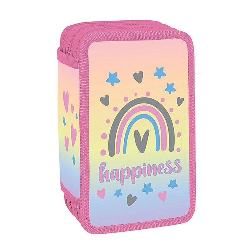 Penar scolar, 3 compartimente cu 3 fermoare, neechipat, model multicolor Happiness - 1 | YEO