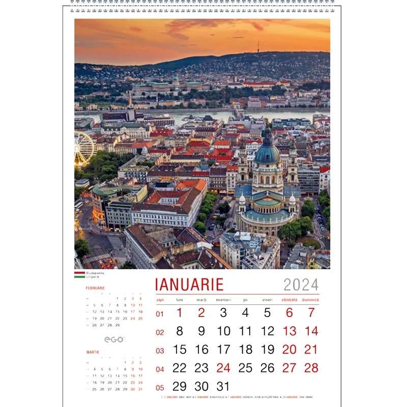 Calendar de perete, imagini Orasele lumii, 13 file cu spira metalica, an 2024, format 33x48 cm, multicolor