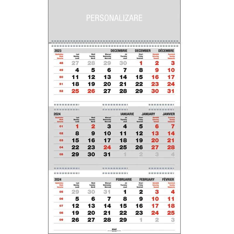 Calendar 2024 triptic pliat pentru perete, 12 file, spira metalica, 33 x 48 cm