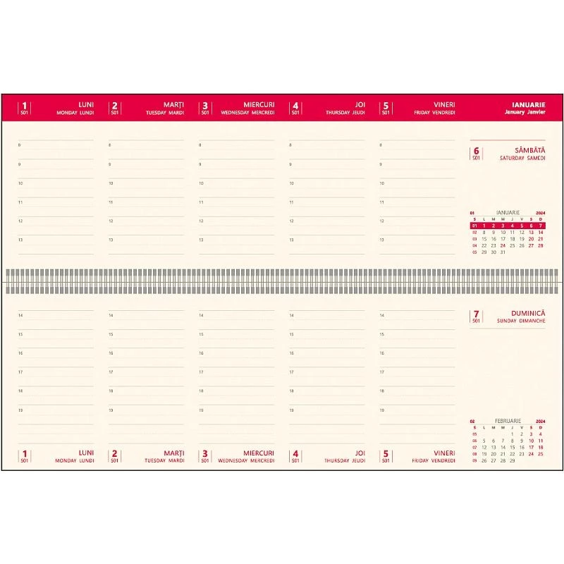 Planner saptamanal pentru birou, 2024, spira metalica, 112 pagini, 30 X 10 cm, rosu - 2 | YEO