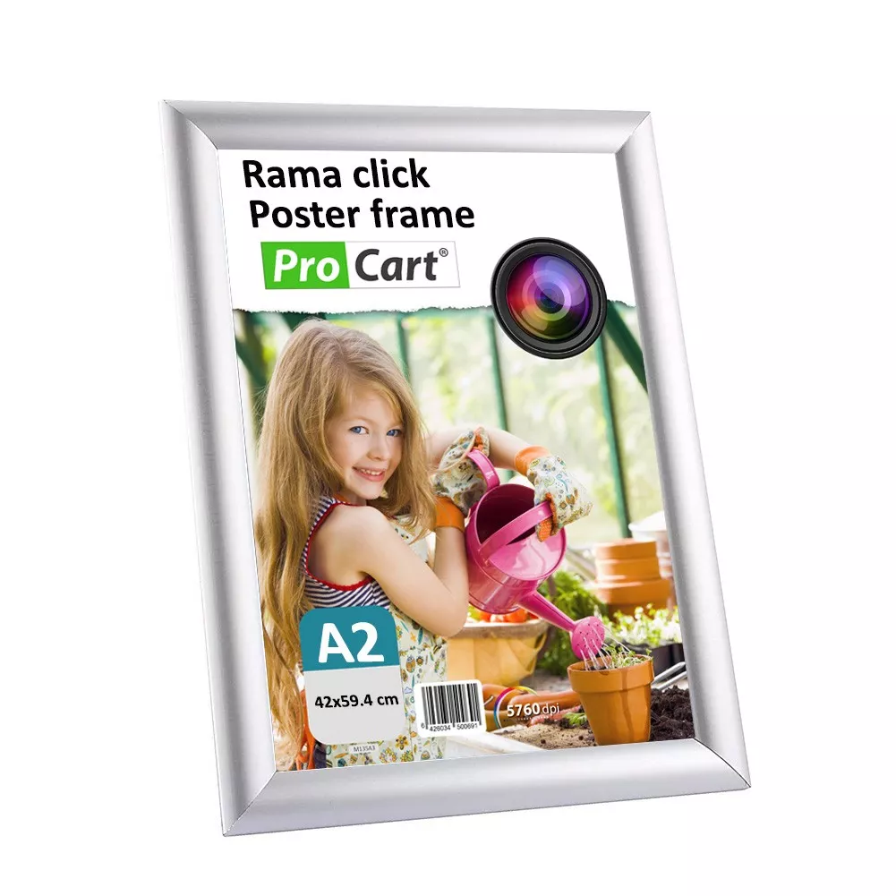 Rama click aluminiu pentru afisare mesaje publicitare, format A2, fixare perete, gri