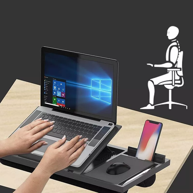 Suport ergonomic laptop, platforma ajustabila in 7 pozitii, stand telefon si stilou, mouse pad, perna genunchi, negru - 1 | YEO