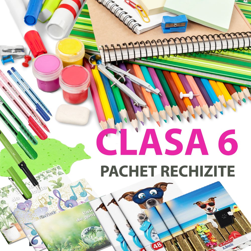 Set rechizite scolare elevi, pachet pentru clasa 6, format din 41 piese