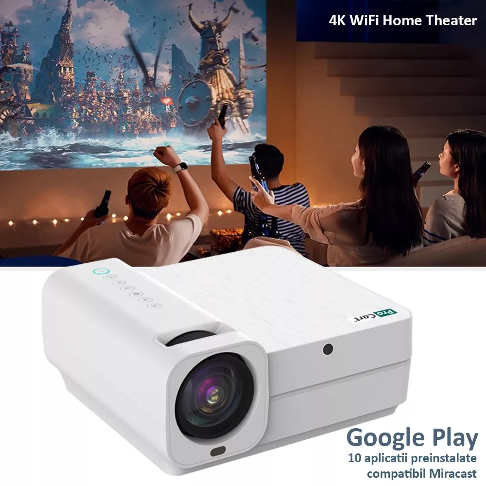 Video proiector 4K WiFi Home Theater, Google Play, HDMI, USB, 7000 lm, AV, micro SD, telecomanda