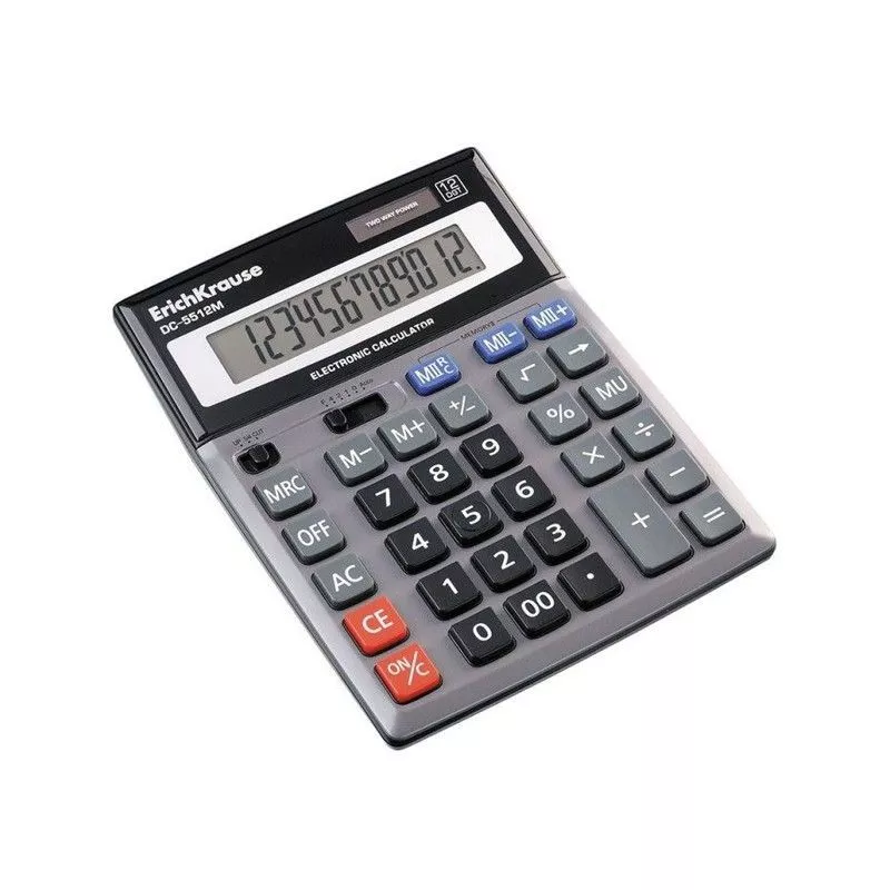 Calculator de birou, 12 digit, display LCD, alimentare duala, oprire automata, negru/gri