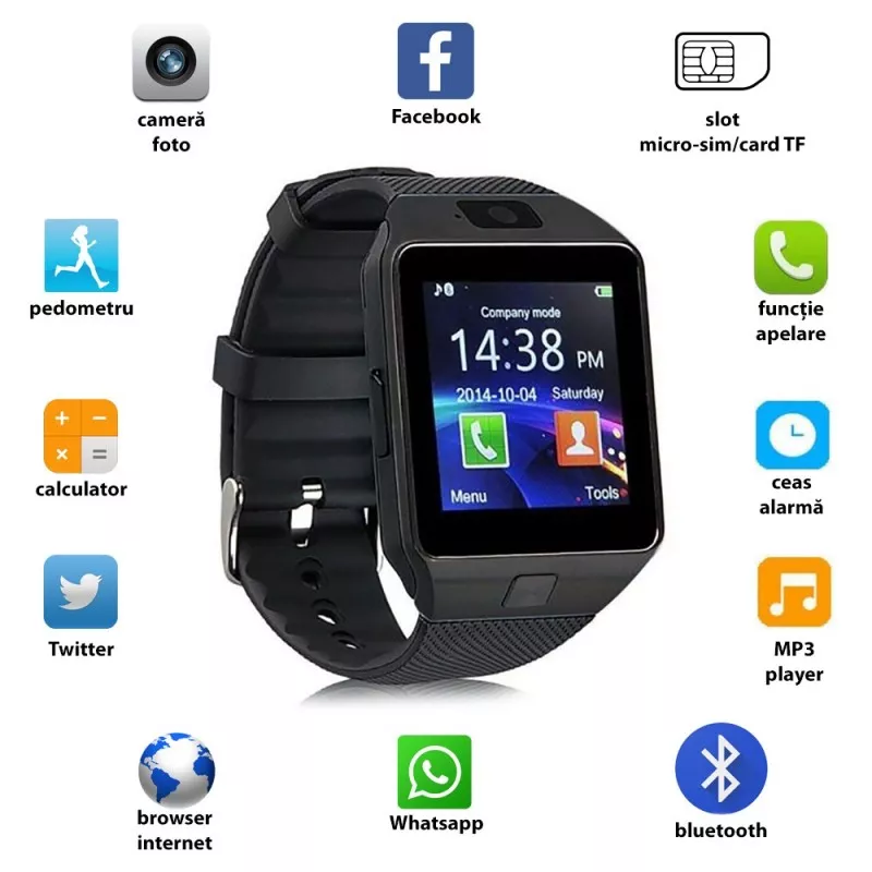 Ceas smart bluetooth 3.0, slot SIM, TF, 13 functii, Android 4.3, SoVogue, negru