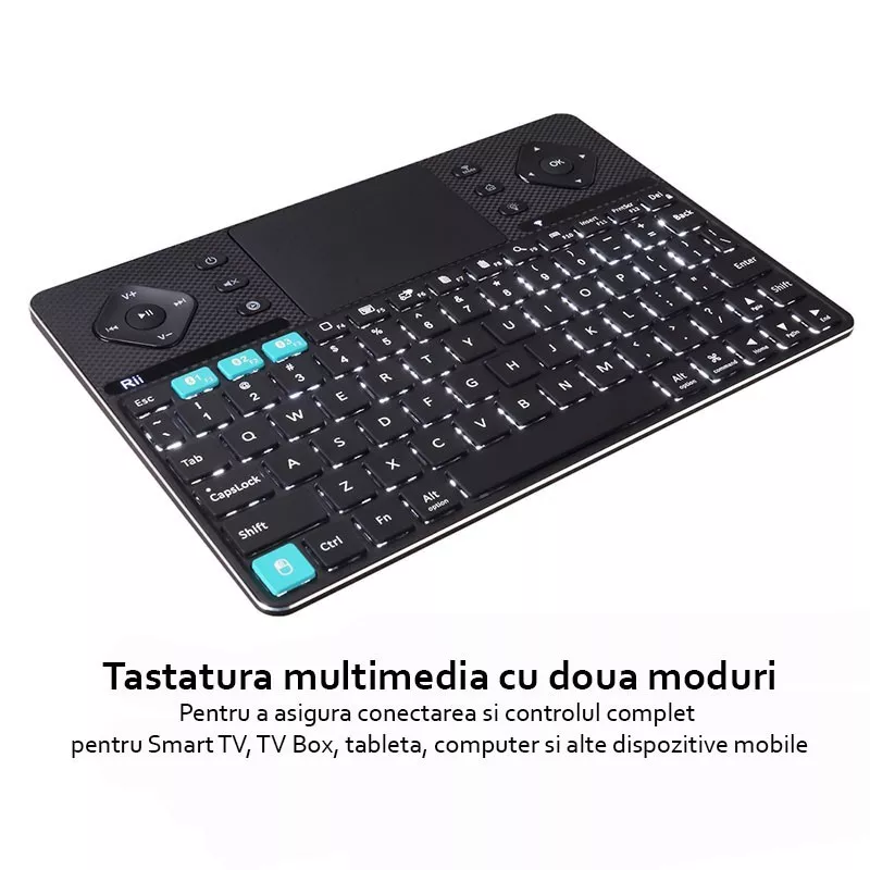 Tastatura wireless Smart TV, PC, tableta, dual mode, carcasa aluminiu, Rii K16, husa