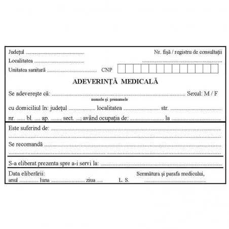 Adeverinta medicala, format A6, fata-verso, tipar alb-negru