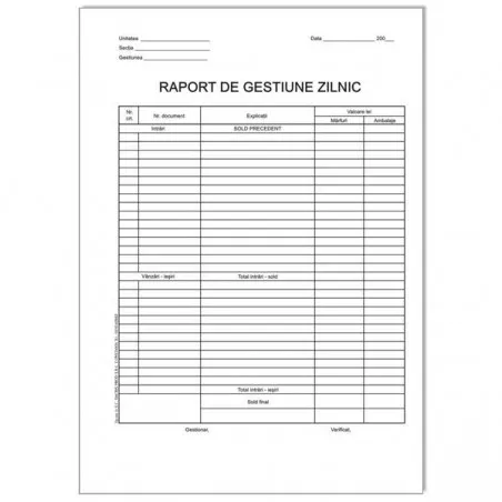 Raport de gestiune zilnic, A4 RS, 2 exemplare, 50 set/bloc