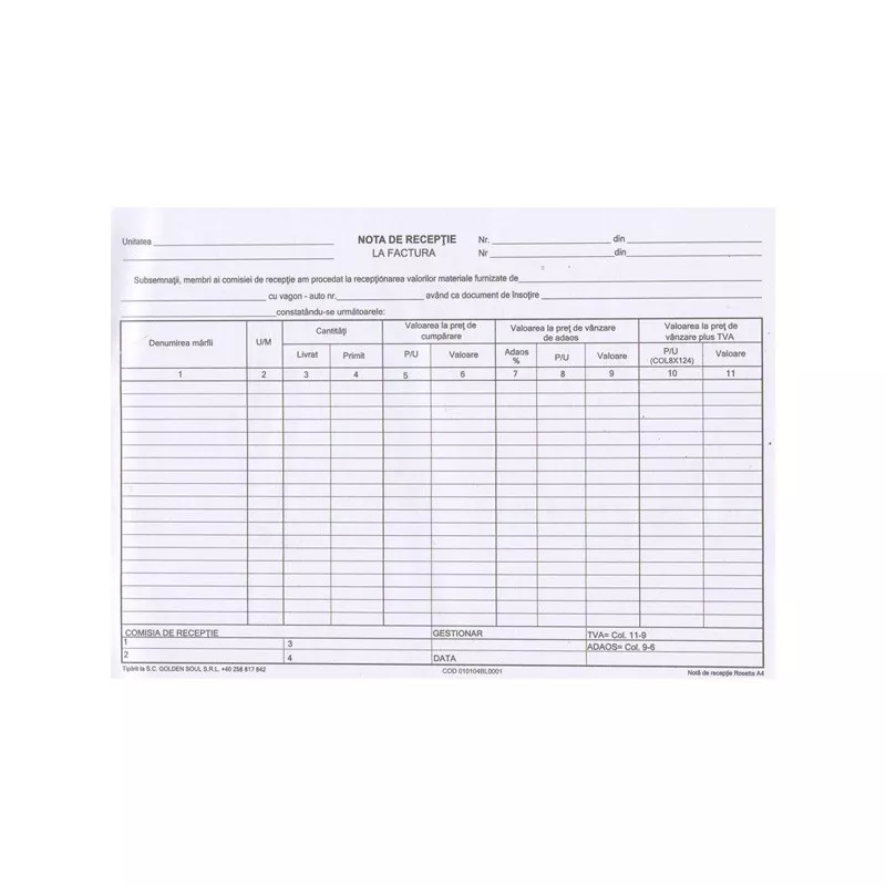 Nota receptie A4 autocopiativa, 2 exemplare, 50 bucati, 100 file