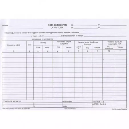 Nota receptie A4 RS, 2 exemplare, 50buc/set, 100 file