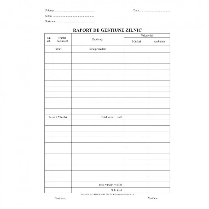 Raport zilnic de gestiune, format A4, RS, bloc 100 file