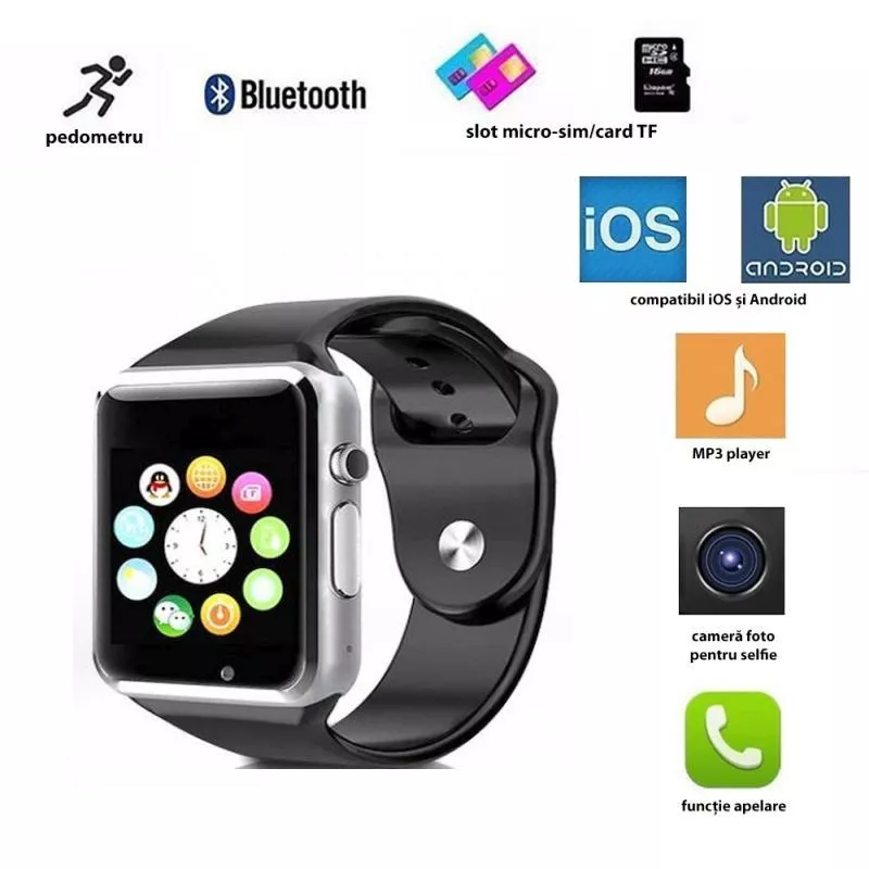 Ceas smart bluetooth 4.0, functie telefon, camera 3 MP, 17 functii, touchscreen, negru