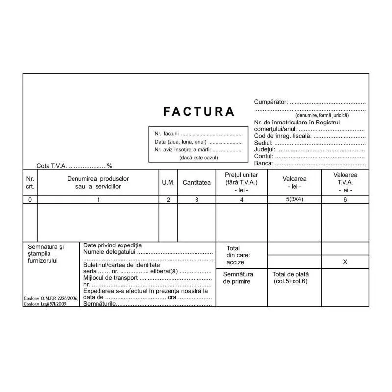 Factura fiscala cu TVA, A5, hartie autocopiativa, trei exemplare