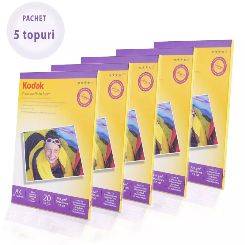 Pachet 5 topuri hartie foto Glossy Kodak, 230 g format A4, 100 coli