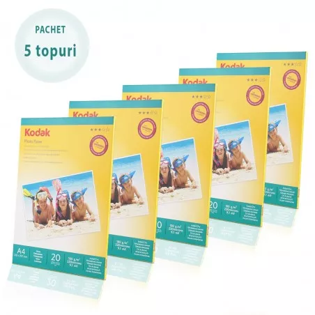 Pachet 5 topuri hartie foto High Glossy, 180 g Kodak A4, 100 coli