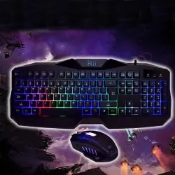 Tastatura si mouse gaming, iluminare multicolora, USB, 104 taste, Rii