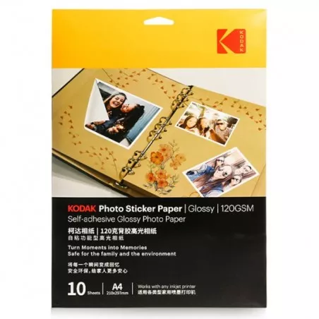 Hartie foto autoadeziva, format A4, Glossy, pentru imprimante Inkjet, 120gsm, 10 coli, Kodak