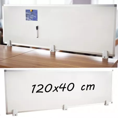 Tabla magnetica alba 40x120 cm, 2 fete, rama de aluminiu, prindere desktop pe birou