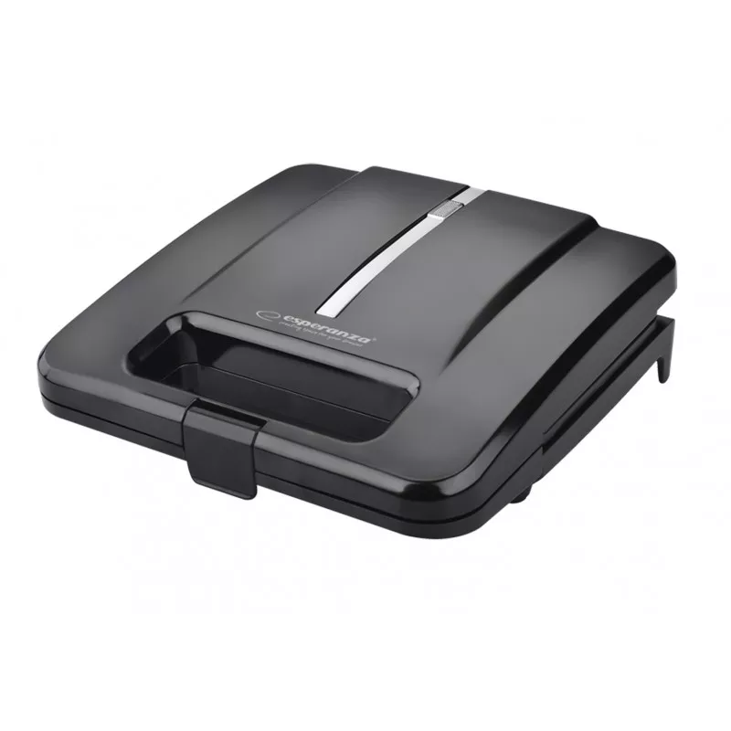 Sandwich maker Esperanza Parmigiano, maner/carcasa izolate termic, 50/60Hz, 1000W, 220-240V, 22,5 x 22,3 x 7,3cm, negru