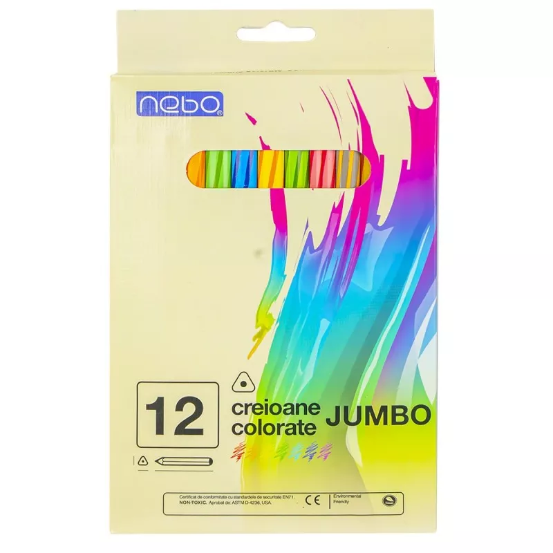 Creioane color jumbo, model cu dungi, mina moale 5 mm, corp gros, set 12 culori