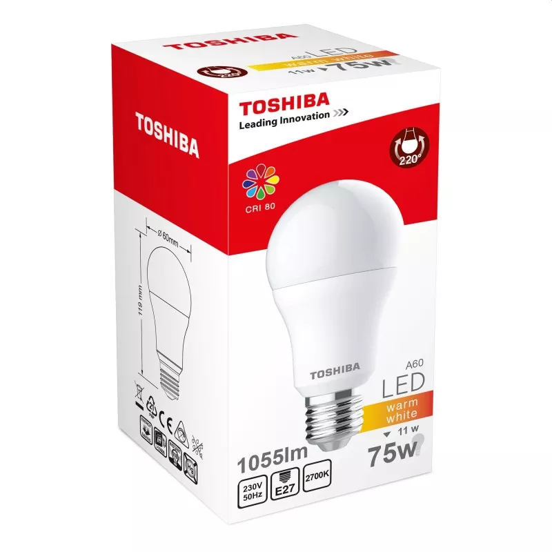 Bec LED A60, E27, putere 11W, lumina alb cald, Toshiba