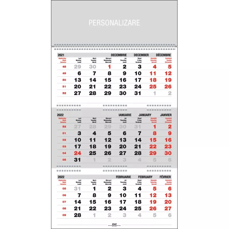 Calendar de perete triptic, personalizabil, 12 file, hartie offset 90 g/mp, gri, 33 x 48 cm