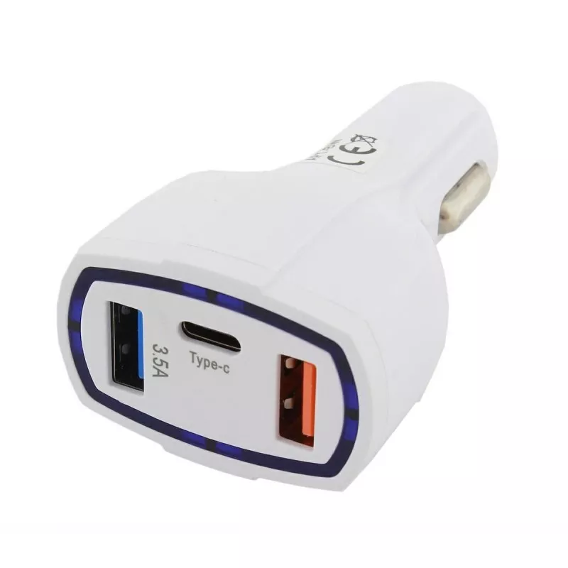 Incarcator telefon auto, 1port USB-type C, 2 porturi USB, 1,1/1,8A, 7,8 x 2,9 x 4,4 cm, alb