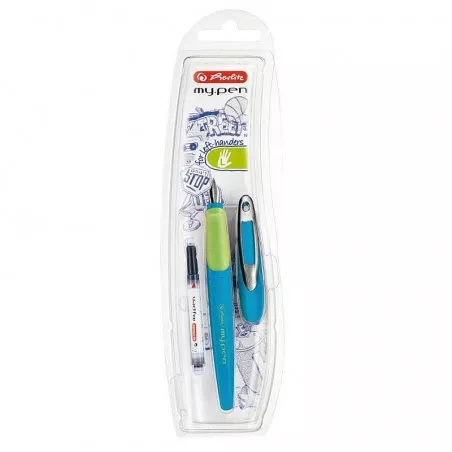 Stilou My Pen, penita L, zona ergonomica, clips metalic, albastru-verde neon