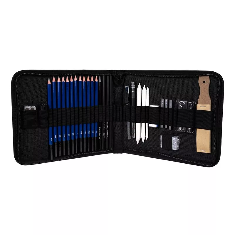 Set creioane pentru schite, universale, 32 piese, ascutitoare, radiera, carbune, grafit, 473g, negru