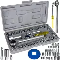 Set chei tubulare, 40 piese, adaptor, extensie, maner transport, otel carbon/crom, argintiu