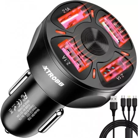 Incarcator auto USB, 4 porturi, fast charge, LED rosu, USB/microUSB/lightning, 4x4x7cm