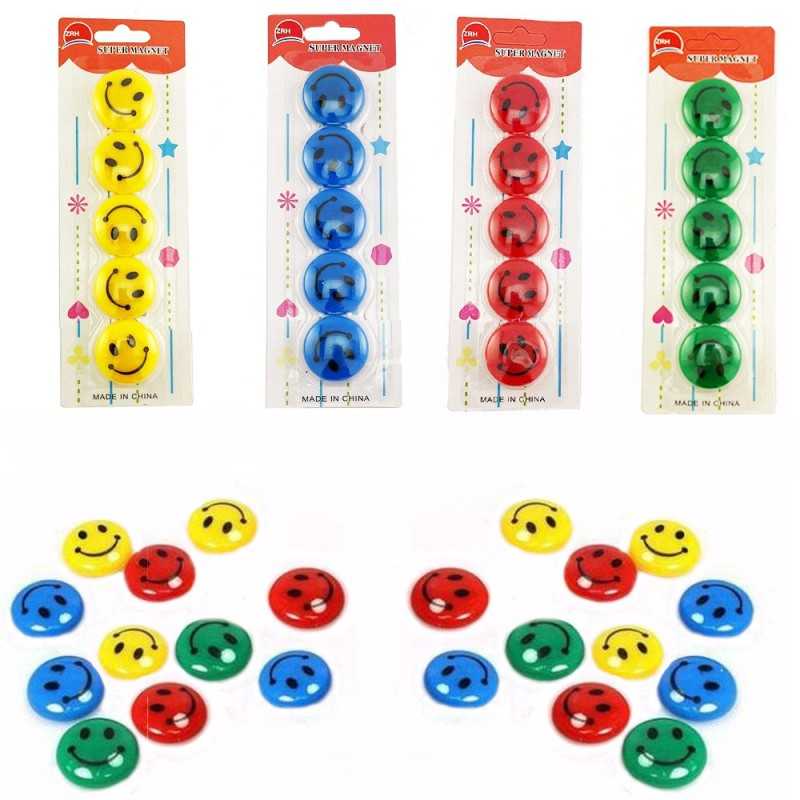 Set 5 magneti pentru tabla magnetica, Smiley Face, diametru 3 cm, diverse culori