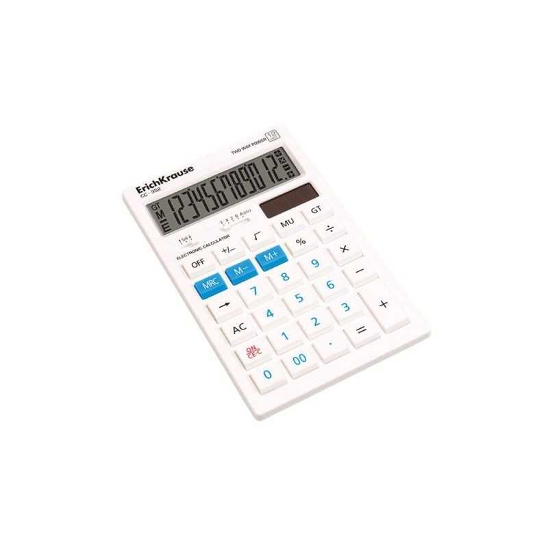 Calculator de birou ErichKrause, 12 digiti, alimentare baterie/solara, tasta memorie, alb